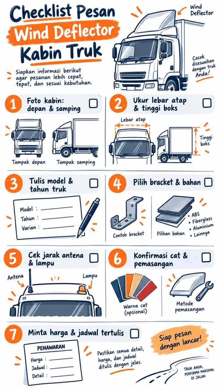 Checklist pemesanan topi kabin truk: foto, ukuran, tipe kendaraan, bracket, bahan, clearance, dan jadwal