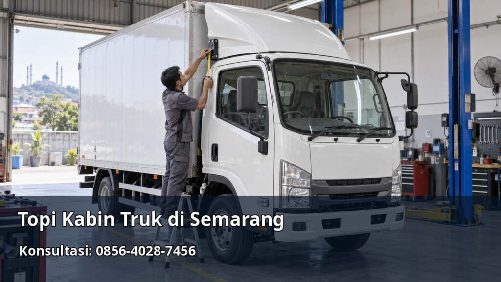 Teknisi mengukur topi kabin wind deflector pada truk box sebagai ilustrasi layanan topi kabin di Semarang